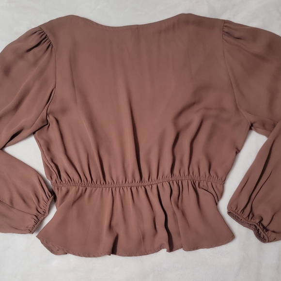Chocolate sheer longsleeve tie front blouse size Large LIKE NEW - Picture 4 of 6